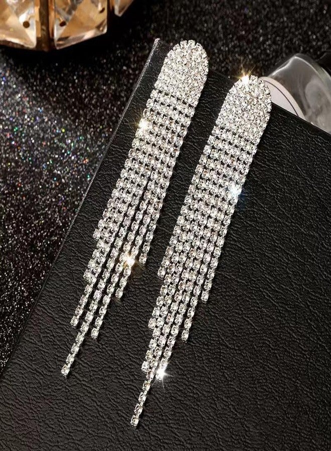 PINCHUAN Silver Prom Earrings for Women Rhinestone Tassel Earrings Sparkly Long Crystal Cz Drop earring Wedding Party Prom Earring Bow Rhinestone Party Jewelry Gifts for Women-silver - Image 3